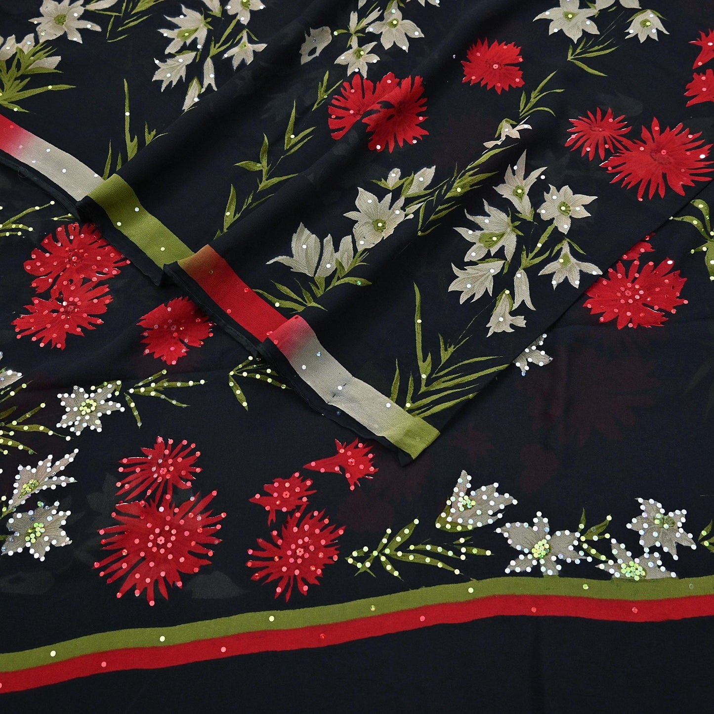 Indian Vintage Sari Black Pure Georgette Silk Printed Saree Craft Fabric Sewing 6Yd Soft Light Dress Making Crafting Quilting Upcycle