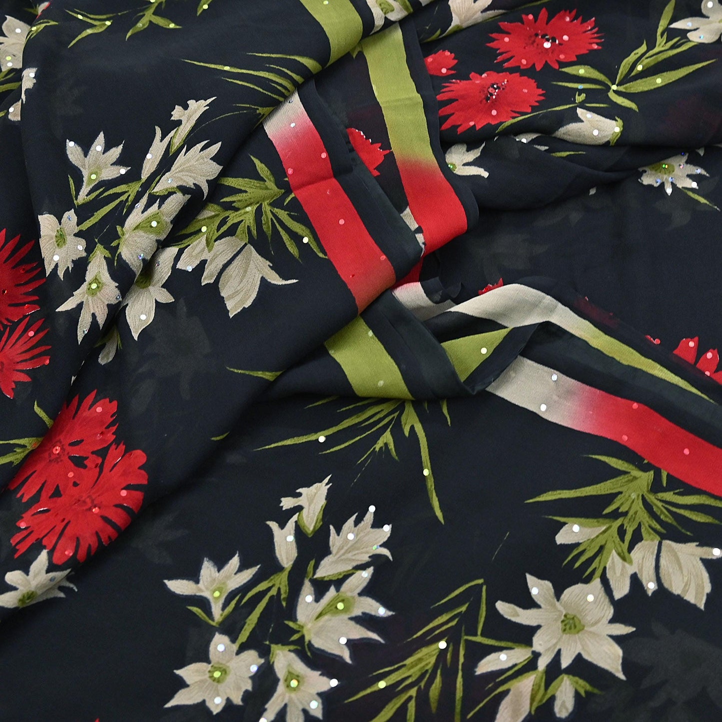 Indian Vintage Sari Black Pure Georgette Silk Printed Saree Craft Fabric Sewing 6Yd Soft Light Dress Making Crafting Quilting Upcycle