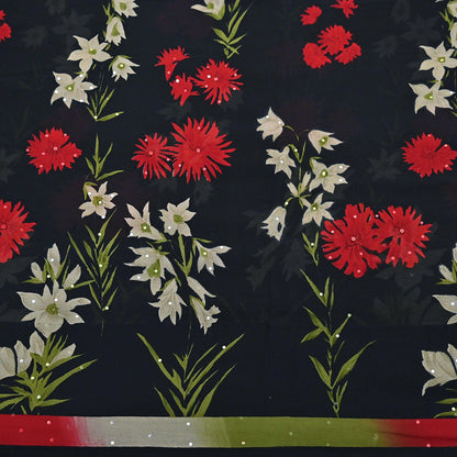 Indian Vintage Sari Black Pure Georgette Silk Printed Saree Craft Fabric Sewing 6Yd Soft Light Dress Making Crafting Quilting Upcycle