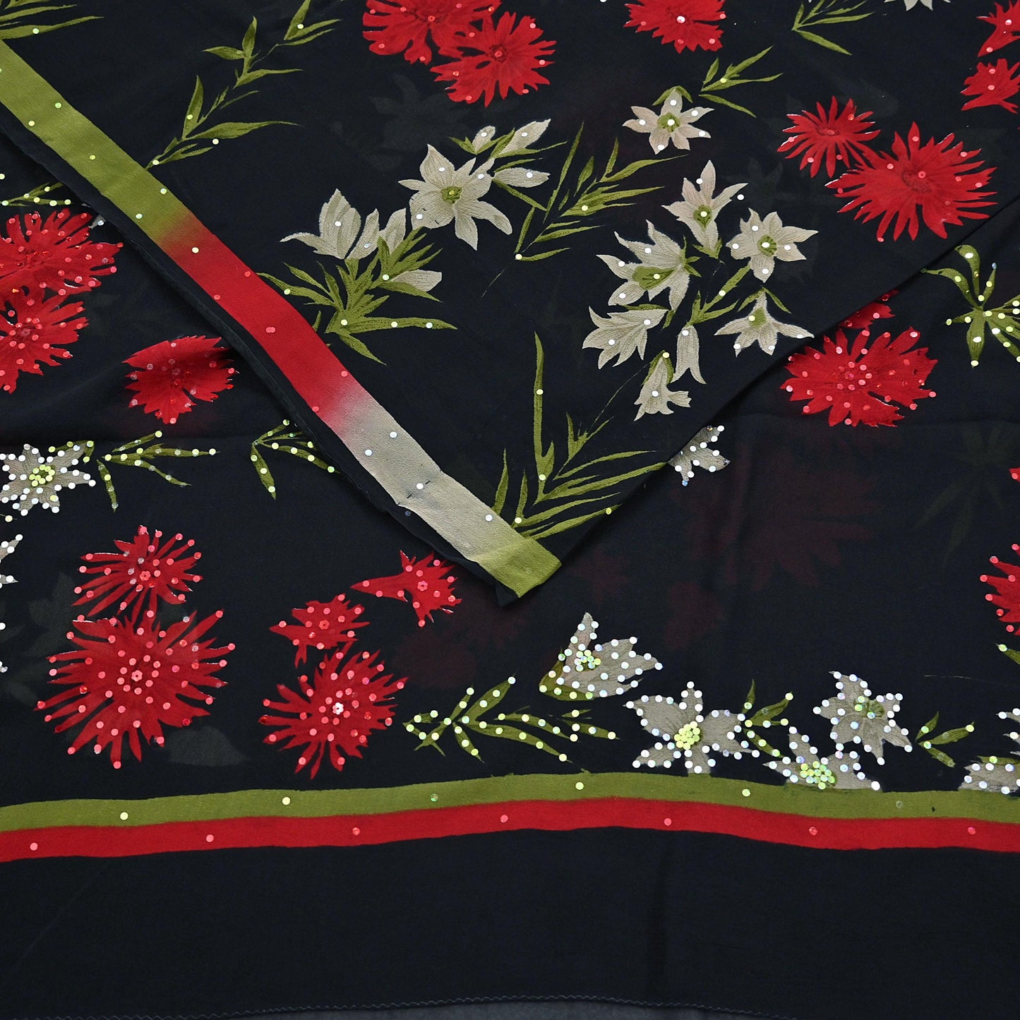 Indian Vintage Sari Black Pure Georgette Silk Printed Saree Craft Fabric Sewing 6Yd Soft Light Dress Making Crafting Quilting Upcycle