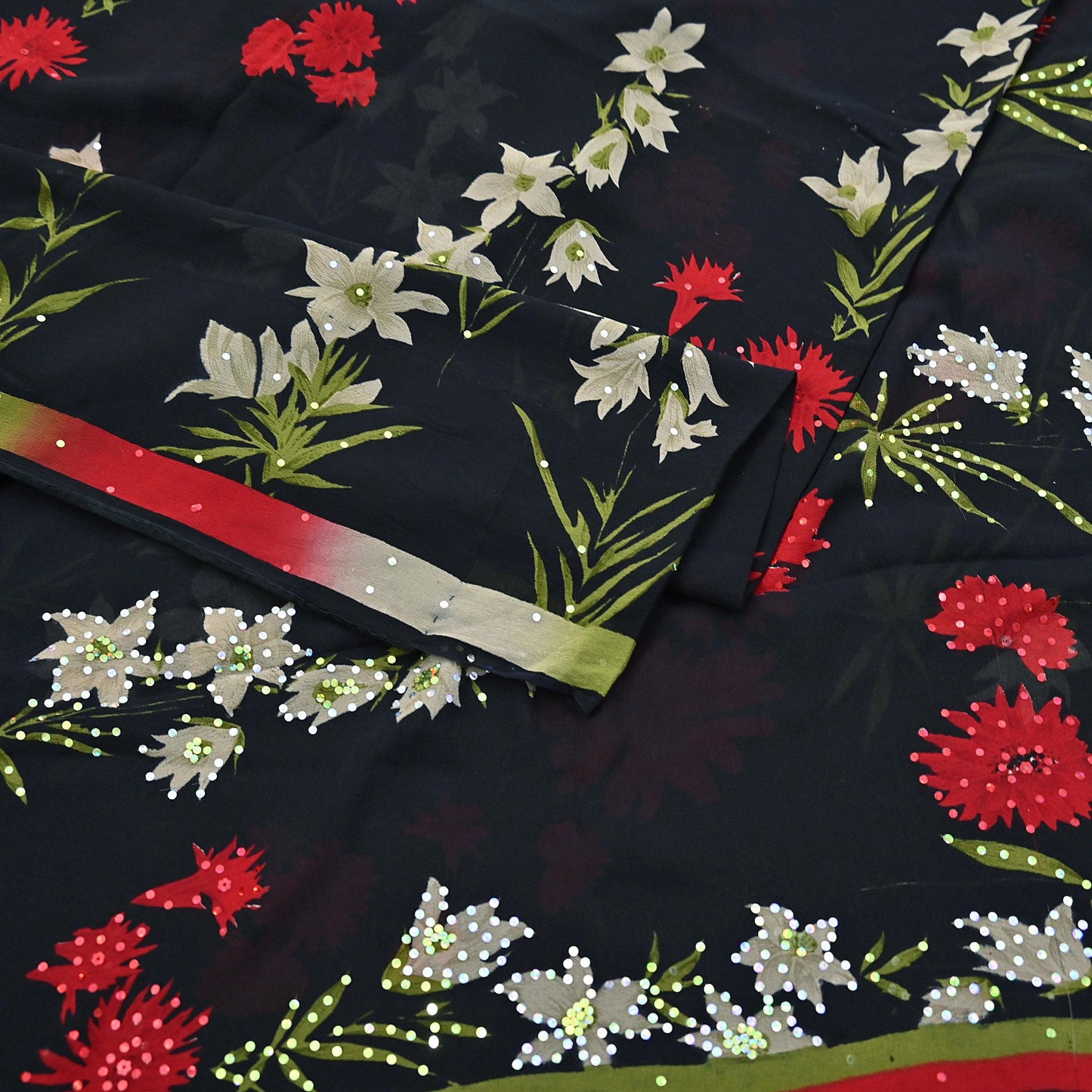 Indian Vintage Sari Black Pure Georgette Silk Printed Saree Craft Fabric Sewing 6Yd Soft Light Dress Making Crafting Quilting Upcycle