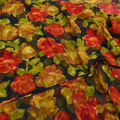 Vintage Sari Black 100% Pure Chiffon Silk Printed Sarees Sewing 5yd Craft Fabric Soft Dress Designing for Crafting Floral Quilting Upcycle