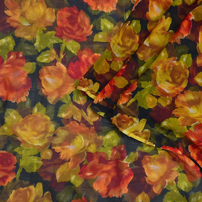 Vintage Sari Black 100% Pure Chiffon Silk Printed Sarees Sewing 5yd Craft Fabric Soft Dress Designing for Crafting Floral Quilting Upcycle