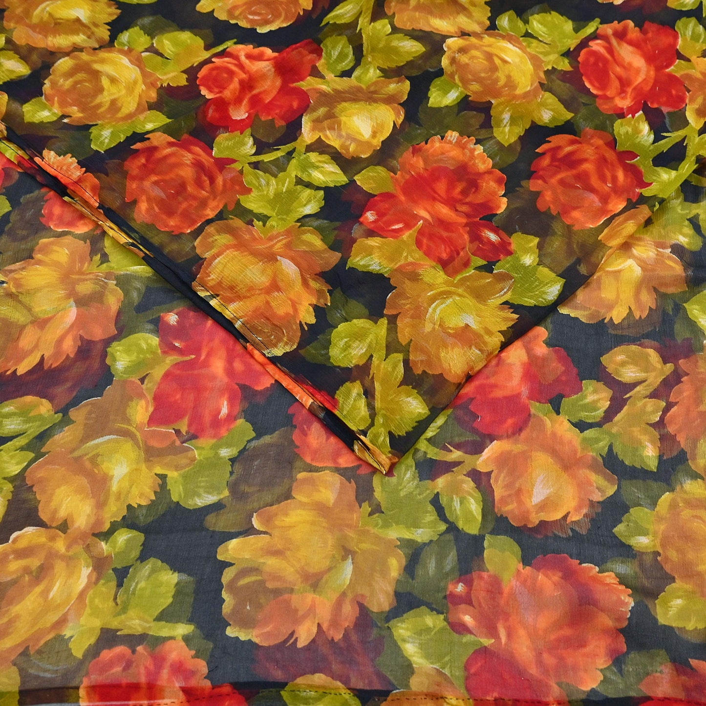 Vintage Sari Black 100% Pure Chiffon Silk Printed Sarees Sewing 5yd Craft Fabric Soft Dress Designing for Crafting Floral Quilting Upcycle