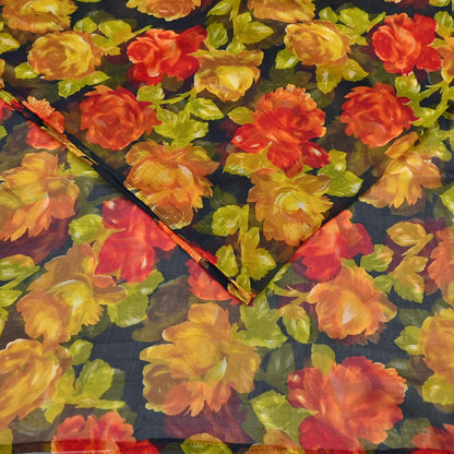 Vintage Sari Black 100% Pure Chiffon Silk Printed Sarees Sewing 5yd Craft Fabric Soft Dress Designing for Crafting Floral Quilting Upcycle