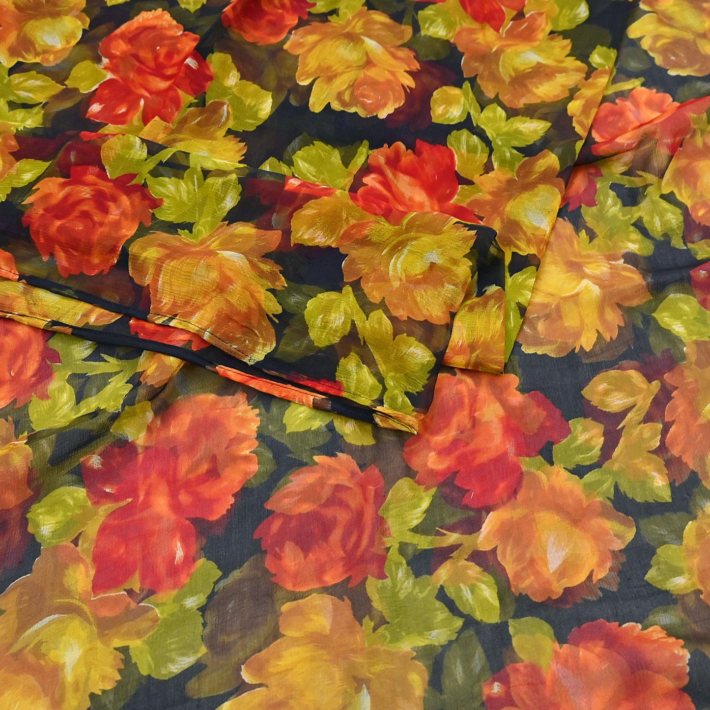 Vintage Sari Black 100% Pure Chiffon Silk Printed Sarees Sewing 5yd Craft Fabric Soft Dress Designing for Crafting Floral Quilting Upcycle