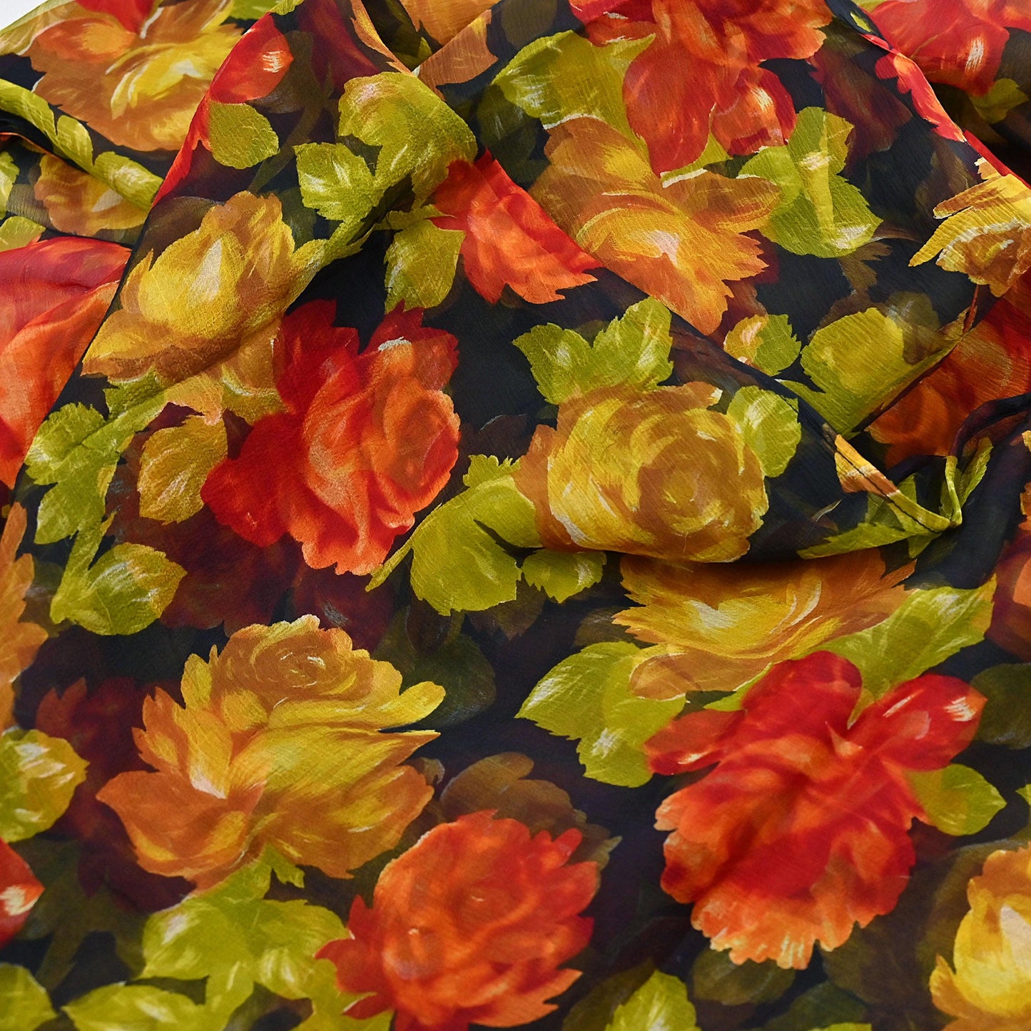 Vintage Sari Black 100% Pure Chiffon Silk Printed Sarees Sewing 5yd Craft Fabric Soft Dress Designing for Crafting Floral Quilting Upcycle