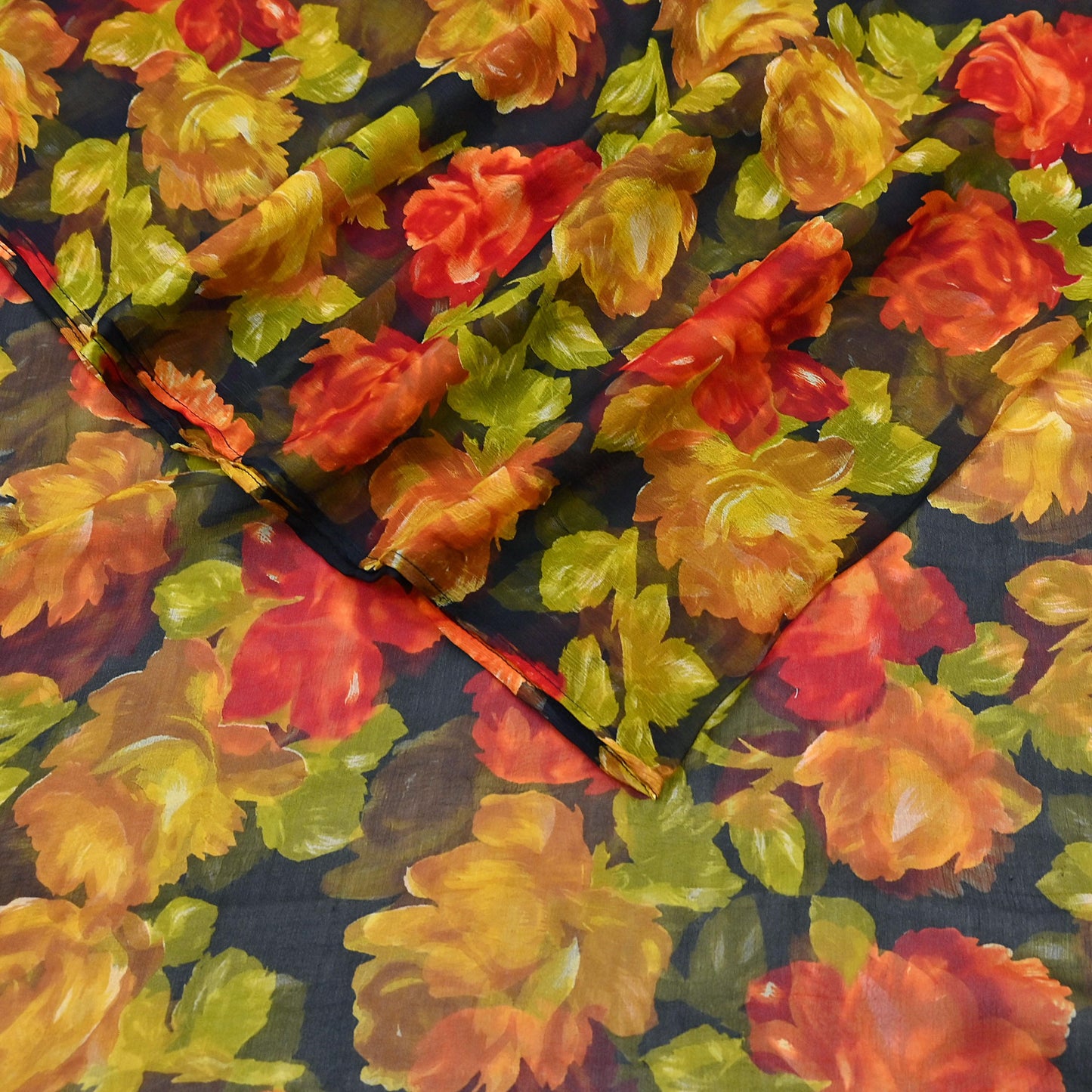 Vintage Sari Black 100% Pure Chiffon Silk Printed Sarees Sewing 5yd Craft Fabric Soft Dress Designing for Crafting Floral Quilting Upcycle