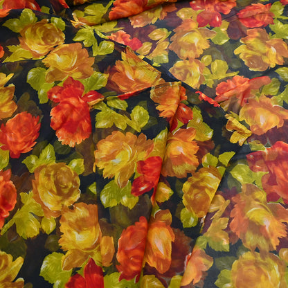 Vintage Sari Black 100% Pure Chiffon Silk Printed Sarees Sewing 5yd Craft Fabric Soft Dress Designing for Crafting Floral Quilting Upcycle