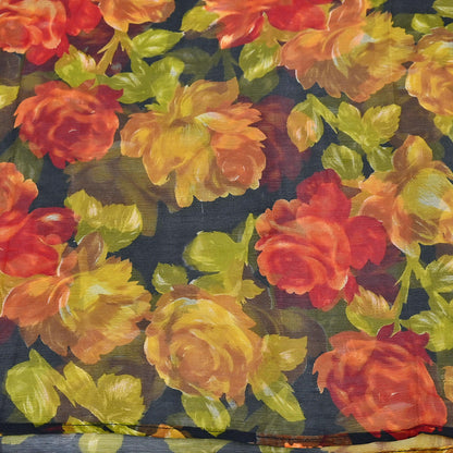 Vintage Sari Black 100% Pure Chiffon Silk Printed Sarees Sewing 5yd Craft Fabric Soft Dress Designing for Crafting Floral Quilting Upcycle