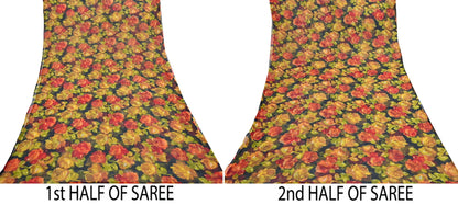 Vintage Sari Black 100% Pure Chiffon Silk Printed Sarees Sewing 5yd Craft Fabric Soft Dress Designing for Crafting Floral Quilting Upcycle