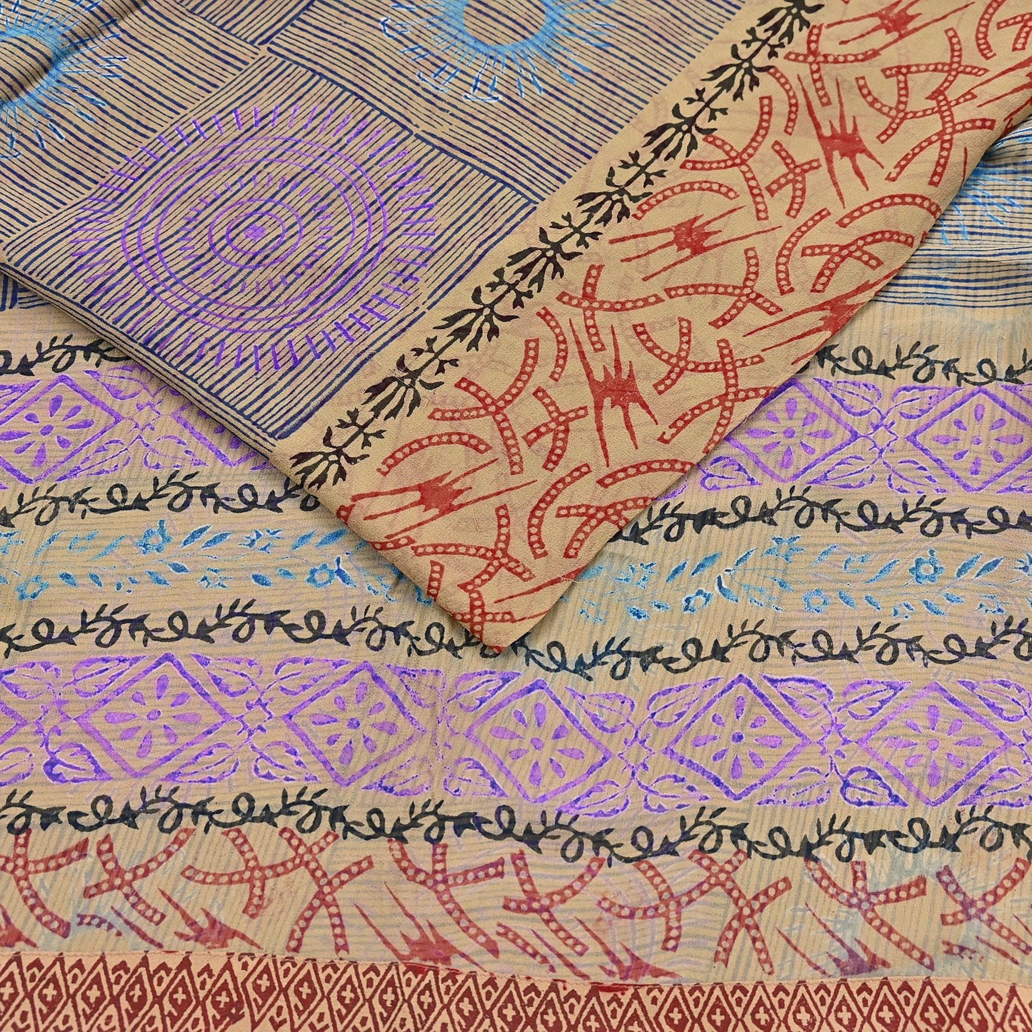 Indian Vintage Sari Beige Pure Georgette Silk Block Printed Sarees Craft Fabric Sewing 5Yd Soft Sari Dress Making Crafting Quilting Upcycle