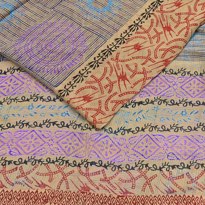 Indian Vintage Sari Beige Pure Georgette Silk Block Printed Sarees Craft Fabric Sewing 5Yd Soft Sari Dress Making Crafting Quilting Upcycle