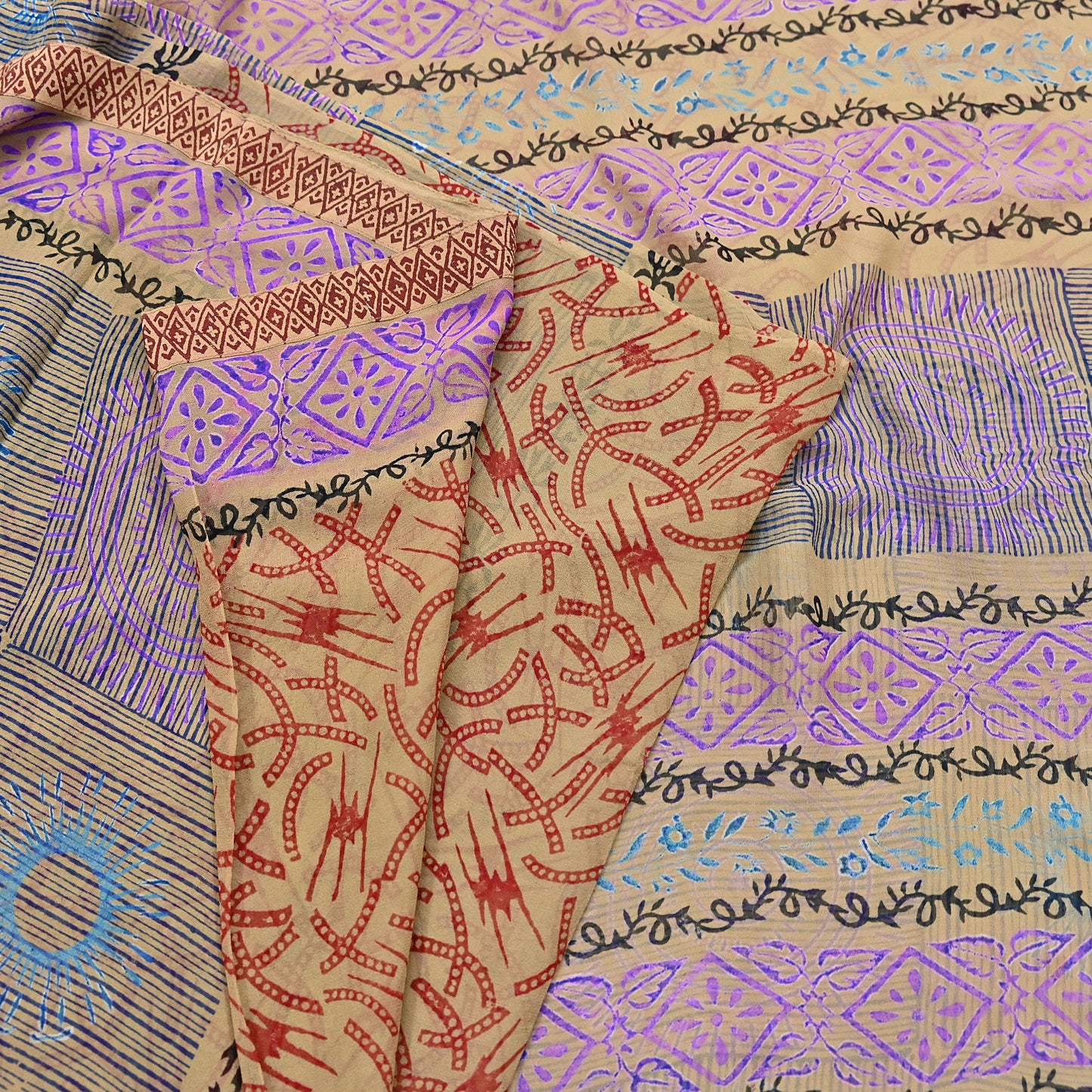 Indian Vintage Sari Beige Pure Georgette Silk Block Printed Sarees Craft Fabric Sewing 5Yd Soft Sari Dress Making Crafting Quilting Upcycle