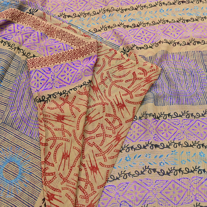 Indian Vintage Sari Beige Pure Georgette Silk Block Printed Sarees Craft Fabric Sewing 5Yd Soft Sari Dress Making Crafting Quilting Upcycle