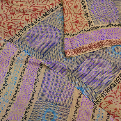 Indian Vintage Sari Beige Pure Georgette Silk Block Printed Sarees Craft Fabric Sewing 5Yd Soft Sari Dress Making Crafting Quilting Upcycle