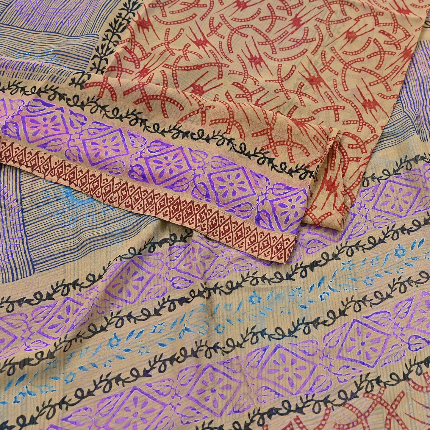 Indian Vintage Sari Beige Pure Georgette Silk Block Printed Sarees Craft Fabric Sewing 5Yd Soft Sari Dress Making Crafting Quilting Upcycle