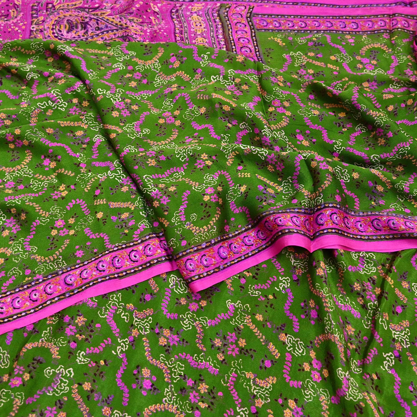 Vintage Indian Pure Silk Saree Fabric Pink & Green Floral Print, 6yd craft fabric quilting crafting dres making
