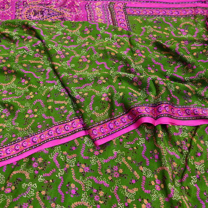 Vintage Indian Pure Silk Saree Fabric Pink & Green Floral Print, 6yd craft fabric quilting crafting dres making