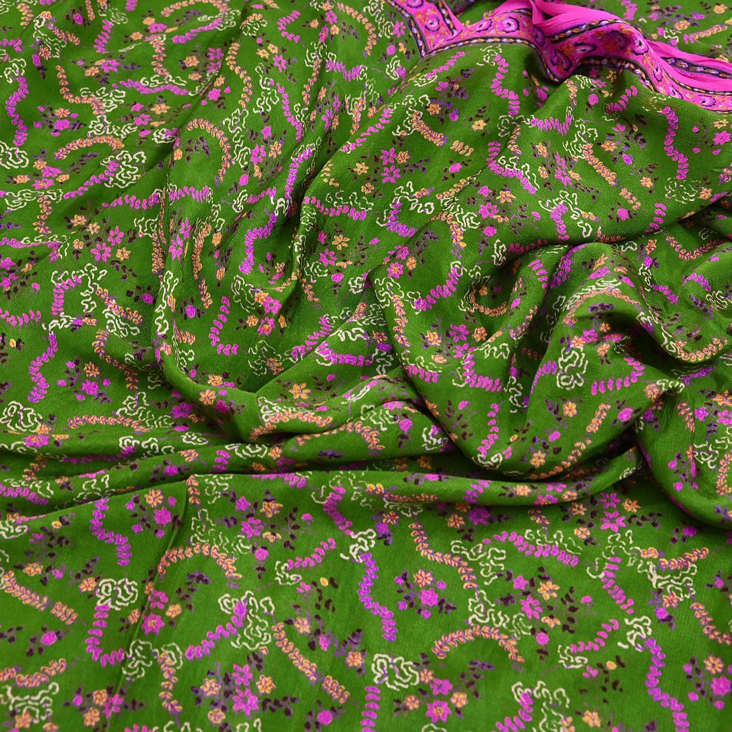 Vintage Indian Pure Silk Saree Fabric Pink & Green Floral Print, 6yd craft fabric quilting crafting dres making