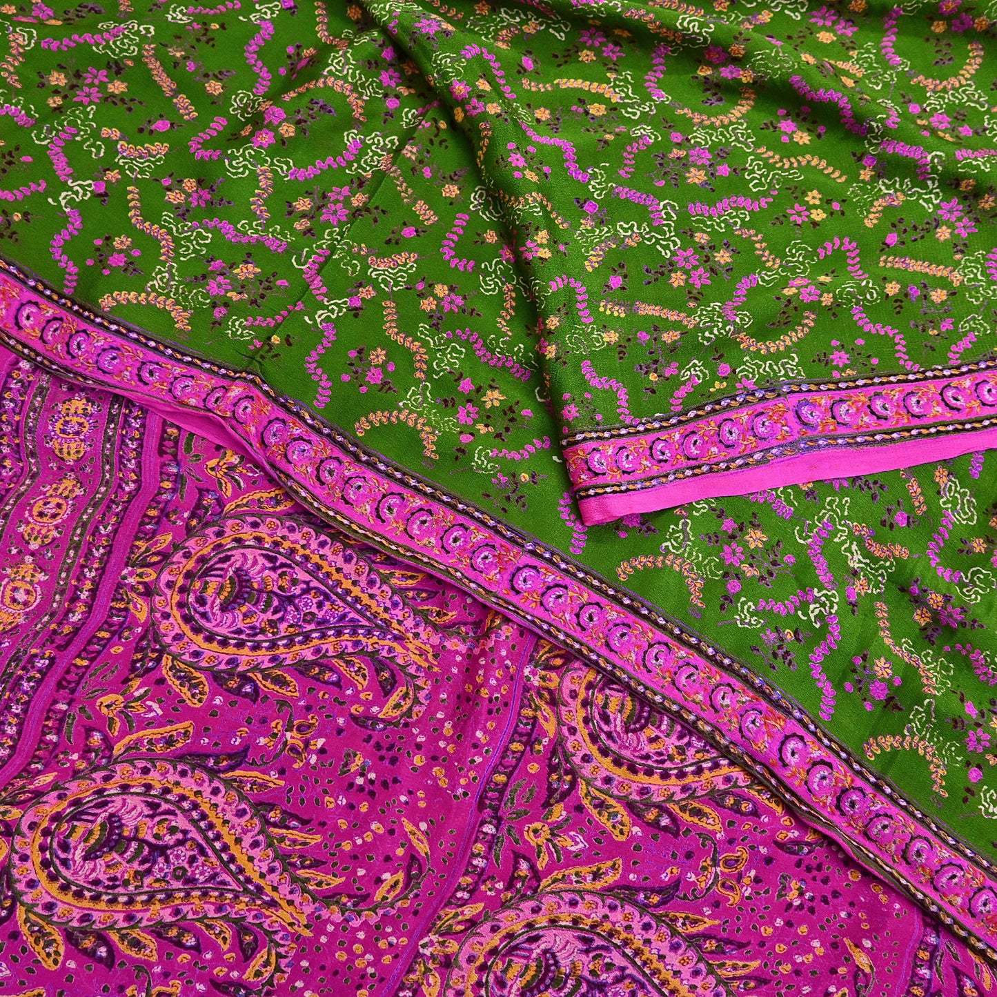 Vintage Indian Pure Silk Saree Fabric Pink & Green Floral Print, 6yd craft fabric quilting crafting dres making