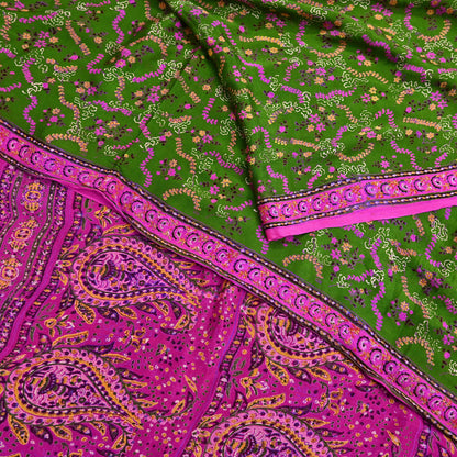 Vintage Indian Pure Silk Saree Fabric Pink & Green Floral Print, 6yd craft fabric quilting crafting dres making