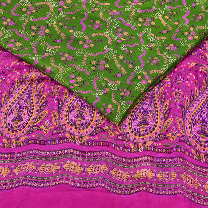 Vintage Indian Pure Silk Saree Fabric Pink & Green Floral Print, 6yd craft fabric quilting crafting dres making
