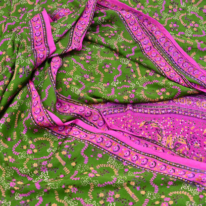 Vintage Indian Pure Silk Saree Fabric Pink & Green Floral Print, 6yd craft fabric quilting crafting dres making