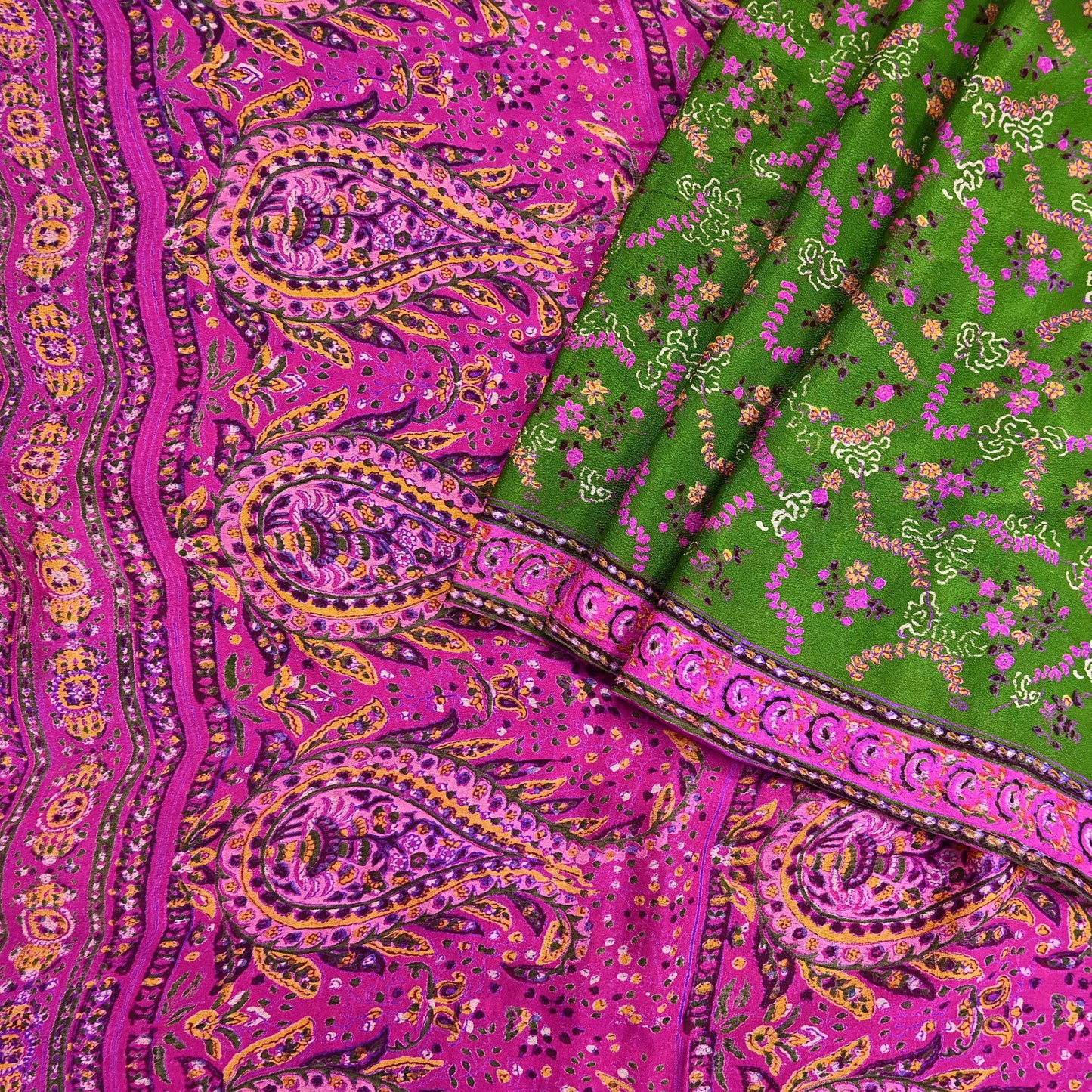 Vintage Indian Pure Silk Saree Fabric Pink & Green Floral Print, 6yd craft fabric quilting crafting dres making