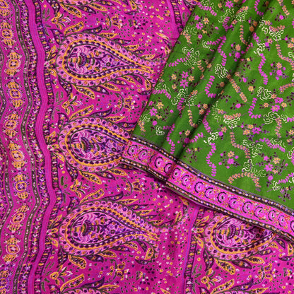Vintage Indian Pure Silk Saree Fabric Pink & Green Floral Print, 6yd craft fabric quilting crafting dres making