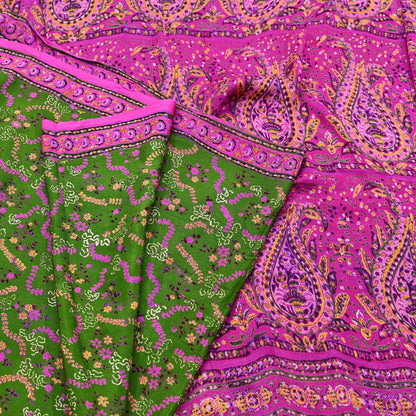 Vintage Indian Pure Silk Saree Fabric Pink & Green Floral Print, 6yd craft fabric quilting crafting dres making