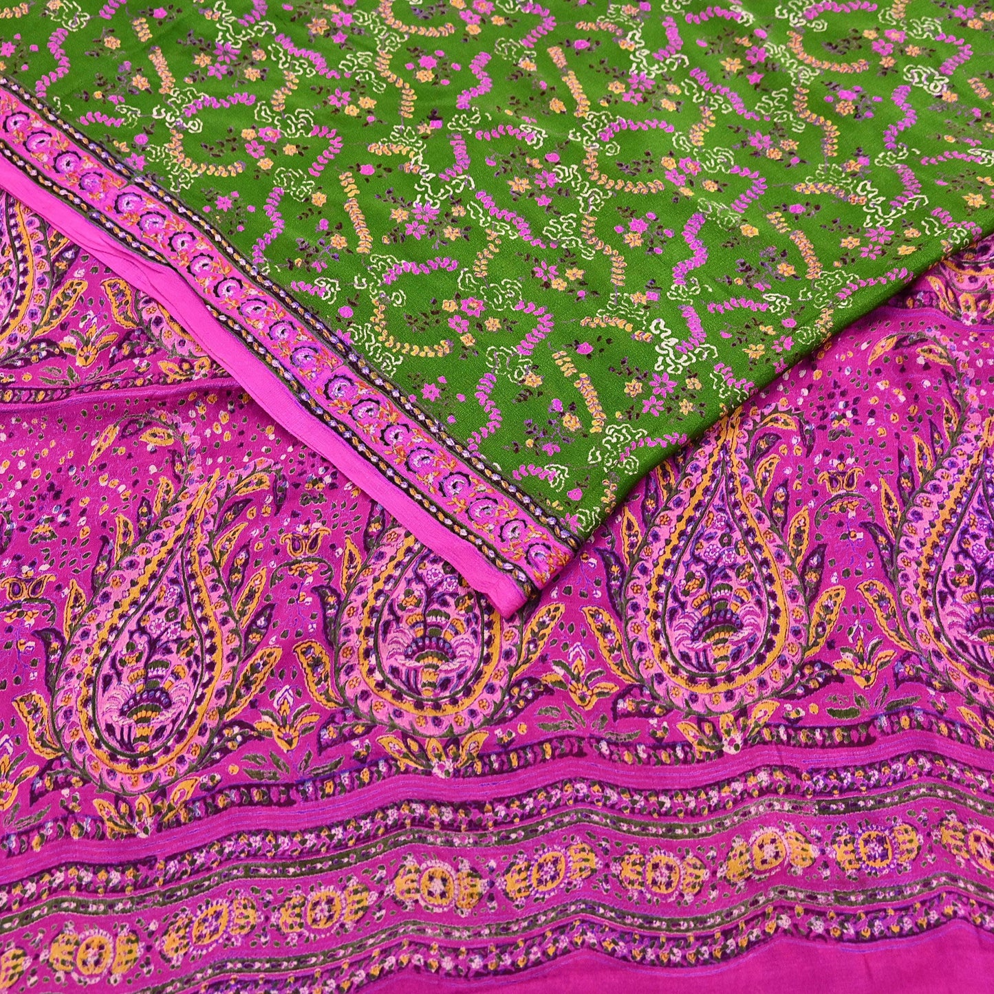 Vintage Indian Pure Silk Saree Fabric Pink & Green Floral Print, 6yd craft fabric quilting crafting dres making