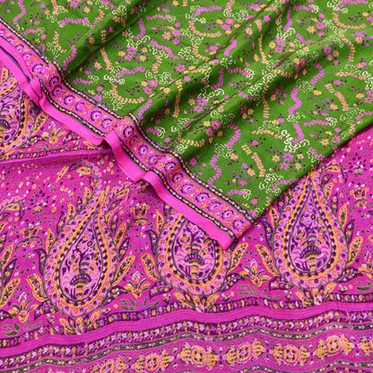 Vintage Indian Pure Silk Saree Fabric Pink & Green Floral Print, 6yd craft fabric quilting crafting dres making