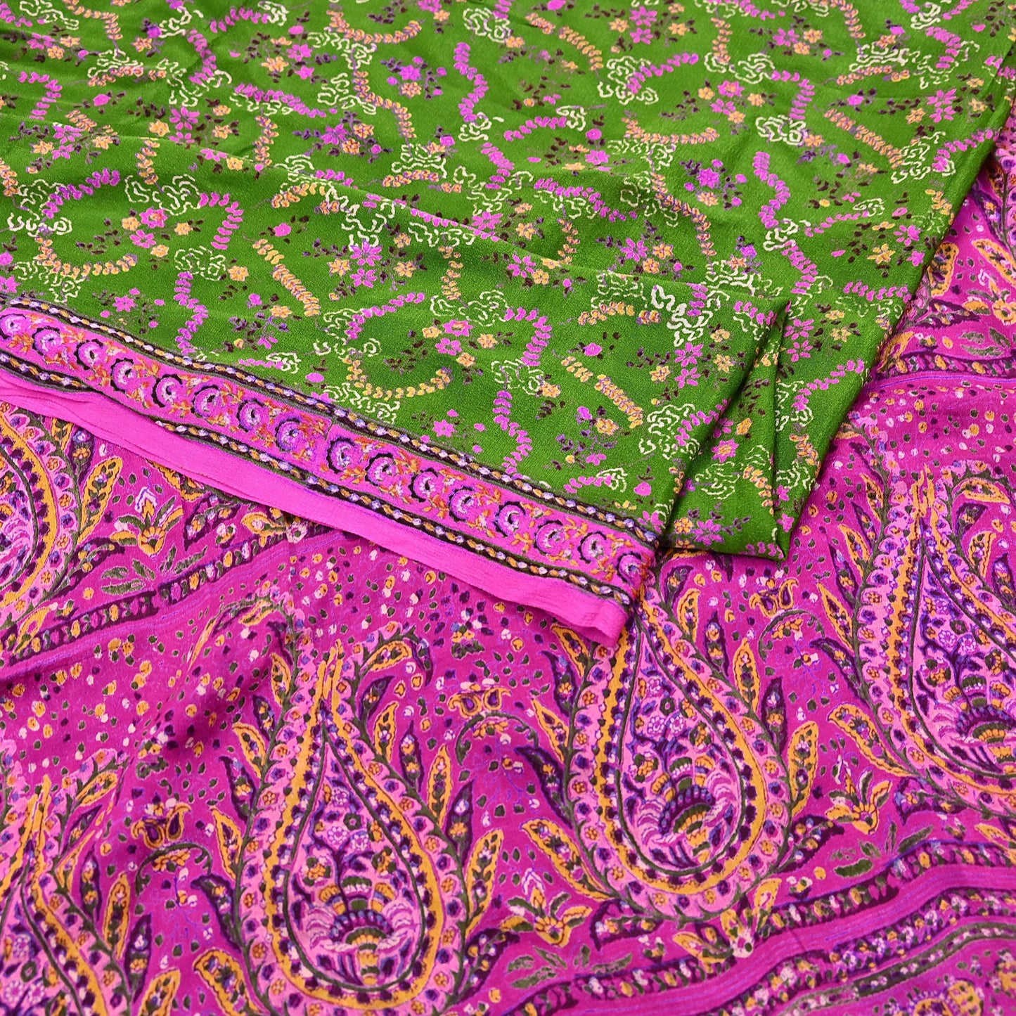 Vintage Indian Pure Silk Saree Fabric Pink & Green Floral Print, 6yd craft fabric quilting crafting dres making