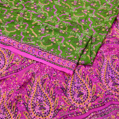 Vintage Indian Pure Silk Saree Fabric Pink & Green Floral Print, 6yd craft fabric quilting crafting dres making