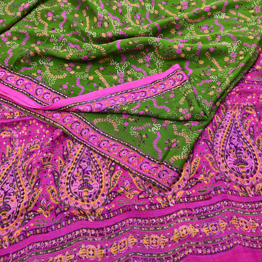 Vintage Indian Pure Silk Saree Fabric Pink & Green Floral Print, 6yd craft fabric quilting crafting dres making