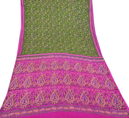 Vintage Indian Pure Silk Saree Fabric Pink & Green Floral Print, 6yd craft fabric quilting crafting dres making