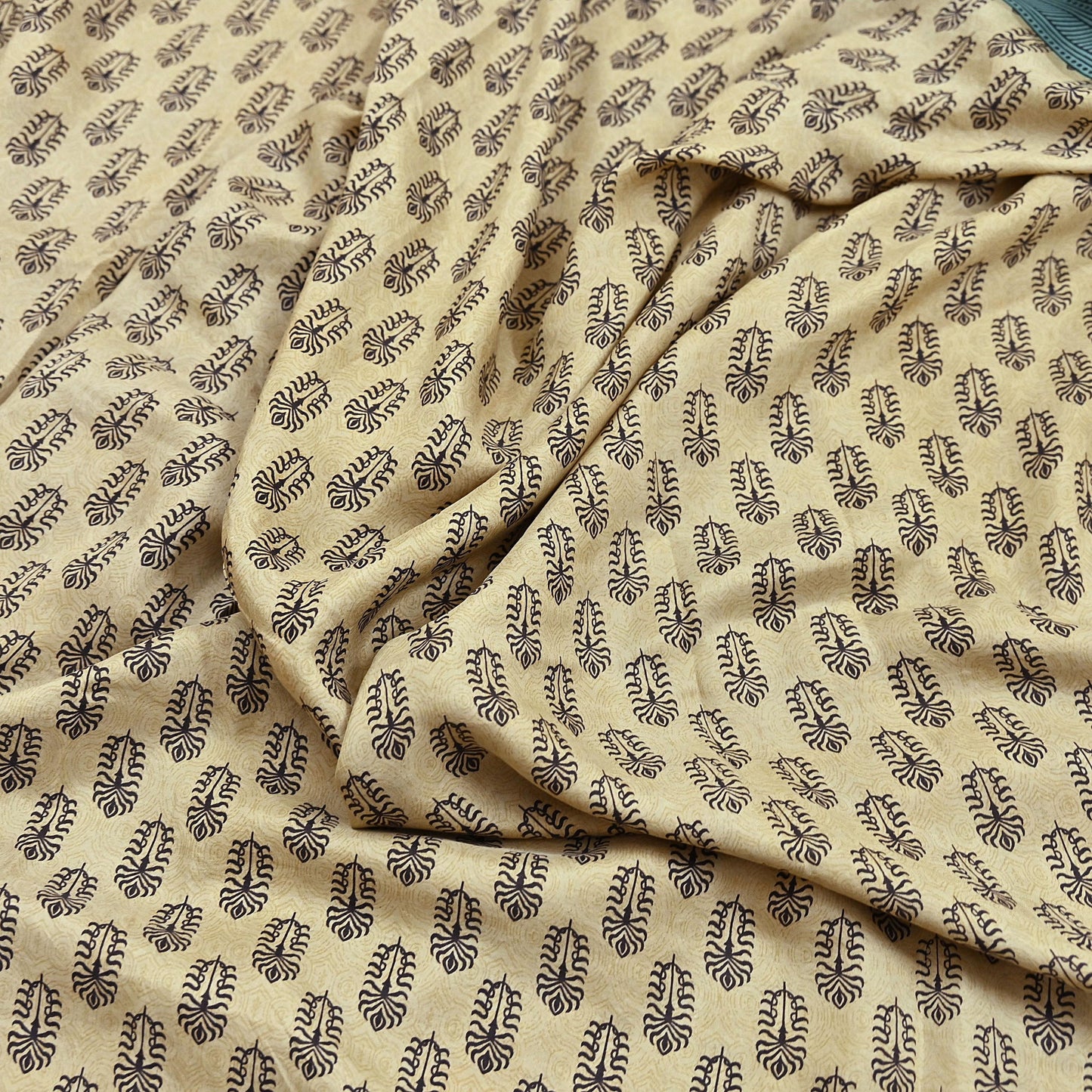 Indian Vintage Beige & Green Saree Pure Silk Printed Indian Sari Fabric 5yd Sewing Craft Fabric DressMaking Soft
