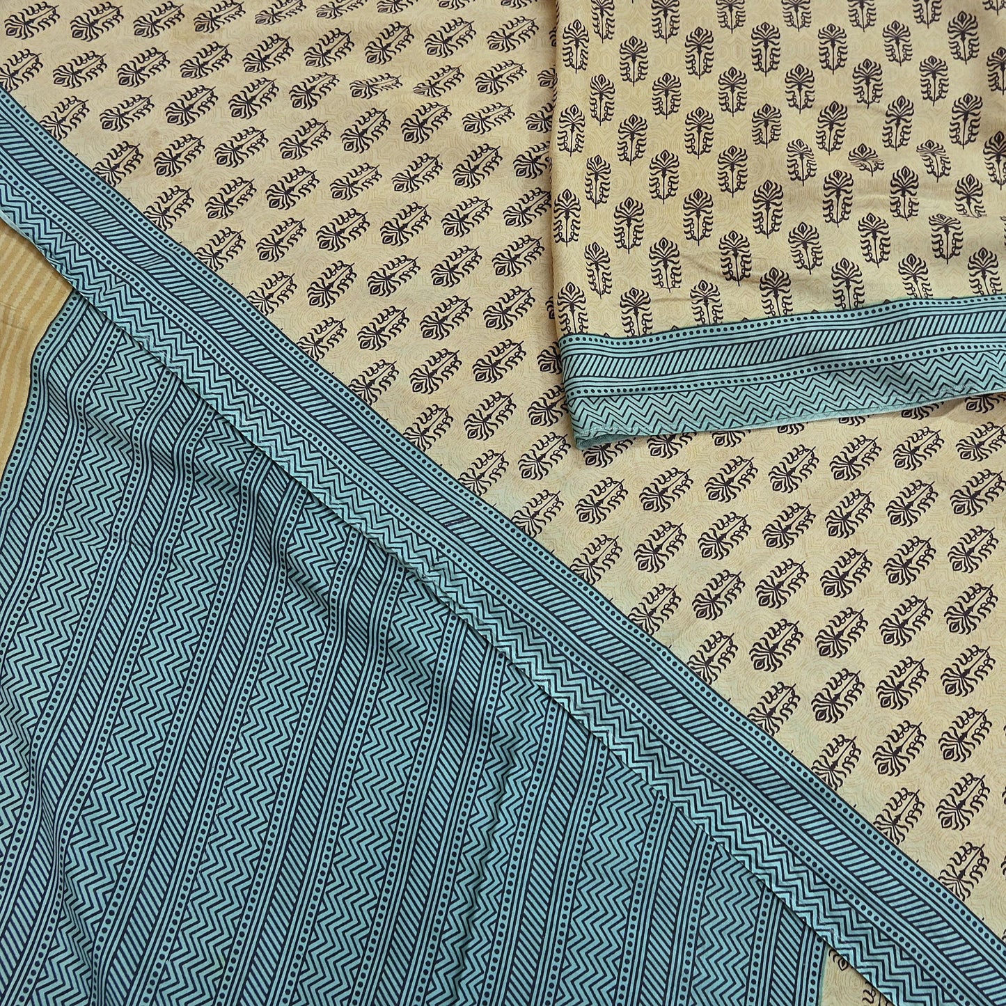 Indian Vintage Beige & Green Saree Pure Silk Printed Indian Sari Fabric 5yd Sewing Craft Fabric DressMaking Soft