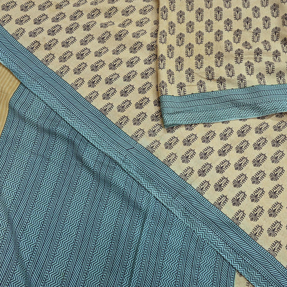 Indian Vintage Beige & Green Saree Pure Silk Printed Indian Sari Fabric 5yd Sewing Craft Fabric DressMaking Soft