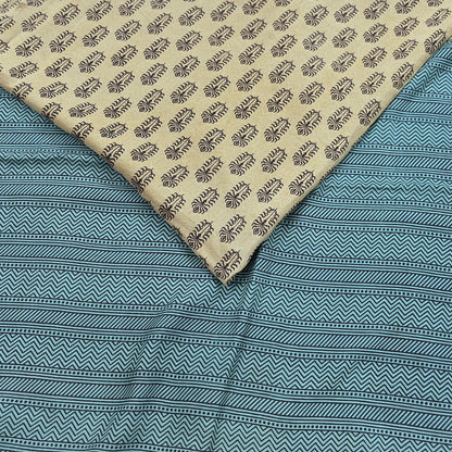 Indian Vintage Beige & Green Saree Pure Silk Printed Indian Sari Fabric 5yd Sewing Craft Fabric DressMaking Soft