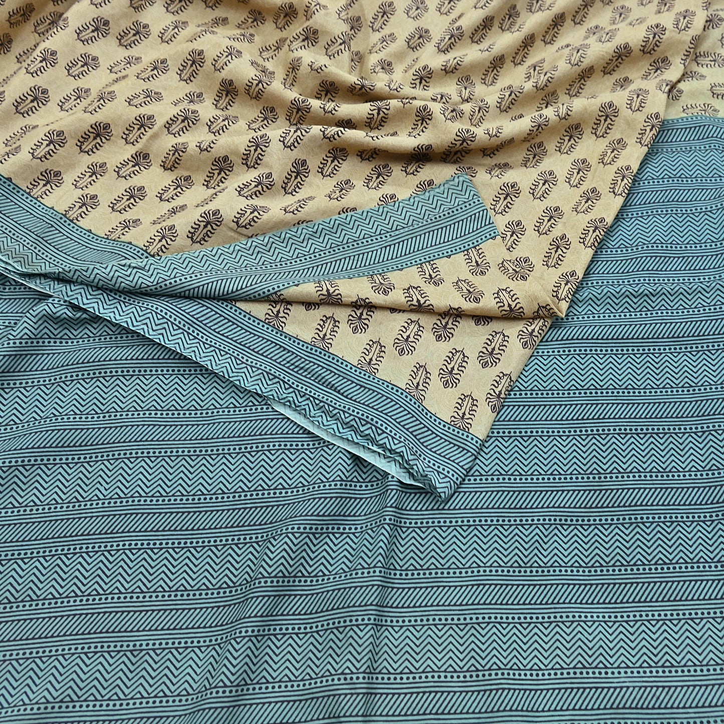 Indian Vintage Beige & Green Saree Pure Silk Printed Indian Sari Fabric 5yd Sewing Craft Fabric DressMaking Soft