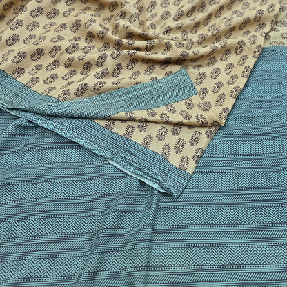 Indian Vintage Beige & Green Saree Pure Silk Printed Indian Sari Fabric 5yd Sewing Craft Fabric DressMaking Soft