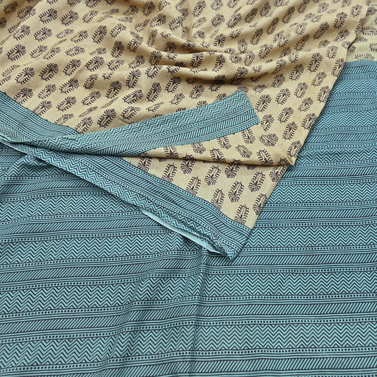 Indian Vintage Beige & Green Saree Pure Silk Printed Indian Sari Fabric 5yd Sewing Craft Fabric DressMaking Soft