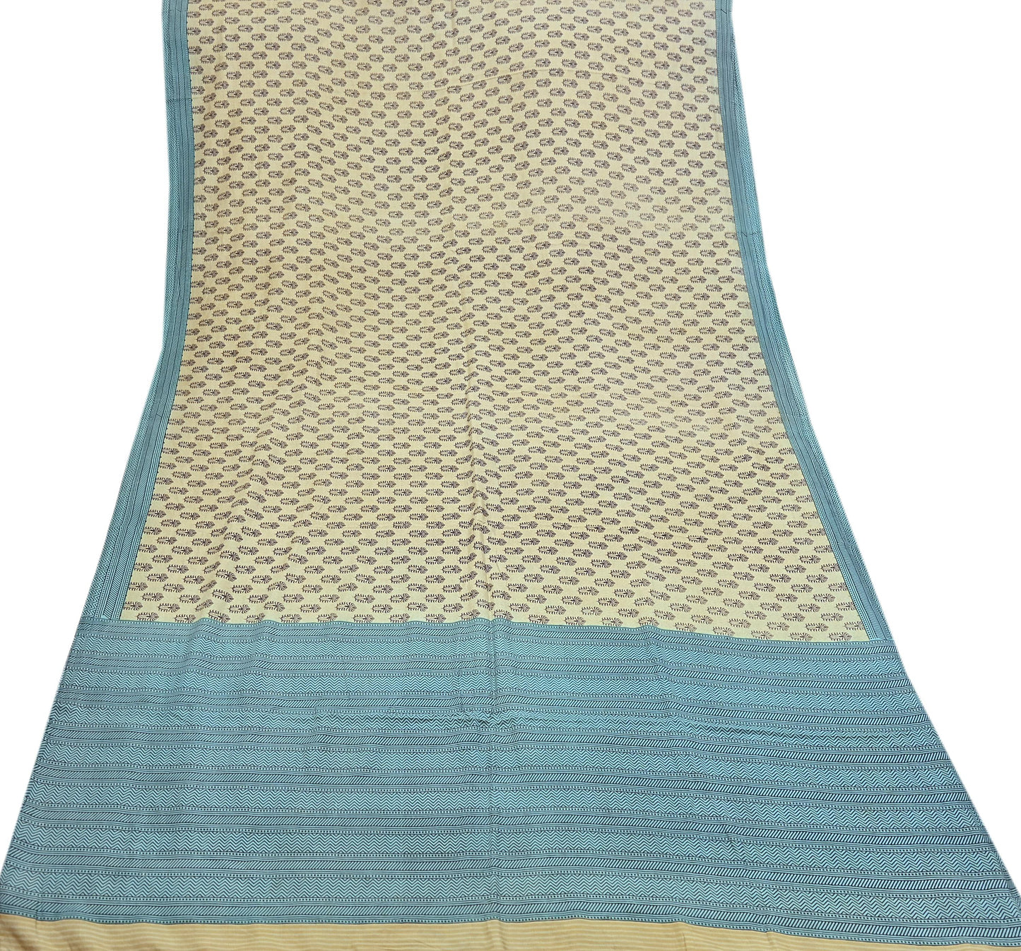 Indian Vintage Beige & Green Saree Pure Silk Printed Indian Sari Fabric 5yd Sewing Craft Fabric DressMaking Soft