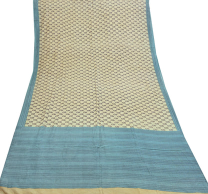 Indian Vintage Beige & Green Saree Pure Silk Printed Indian Sari Fabric 5yd Sewing Craft Fabric DressMaking Soft