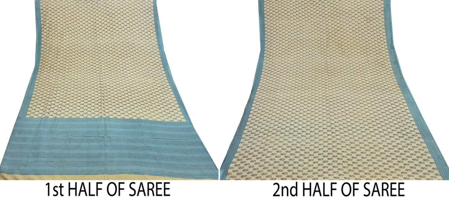 Indian Vintage Beige & Green Saree Pure Silk Printed Indian Sari Fabric 5yd Sewing Craft Fabric DressMaking Soft