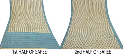 Indian Vintage Beige & Green Saree Pure Silk Printed Indian Sari Fabric 5yd Sewing Craft Fabric DressMaking Soft