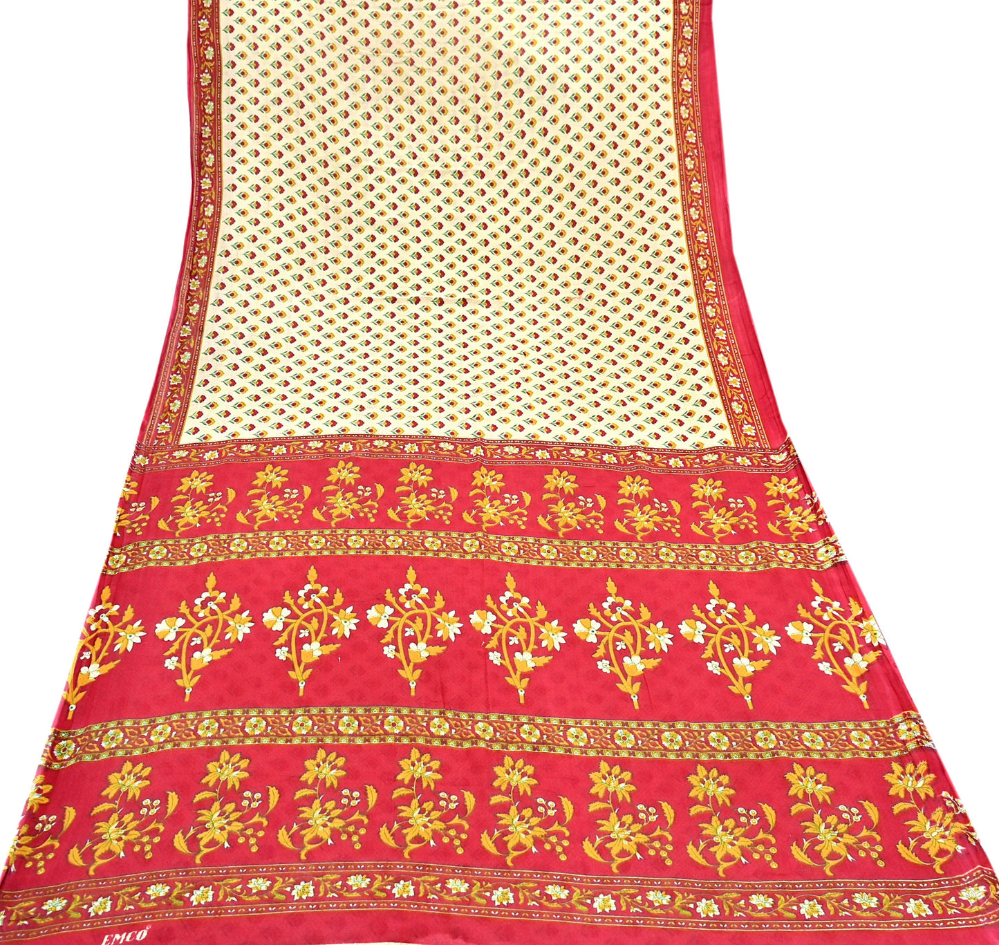 Indian Vintage Sari Red & Ivory Printed 100% Pure Cotton Sarees Craft Fabric 5Yard Sewing Sarong Wrap Boho Floral Dress making Quilting Soft