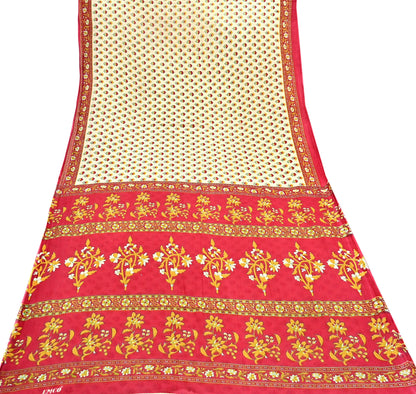 Indian Vintage Sari Red & Ivory Printed 100% Pure Cotton Sarees Craft Fabric 5Yard Sewing Sarong Wrap Boho Floral Dress making Quilting Soft